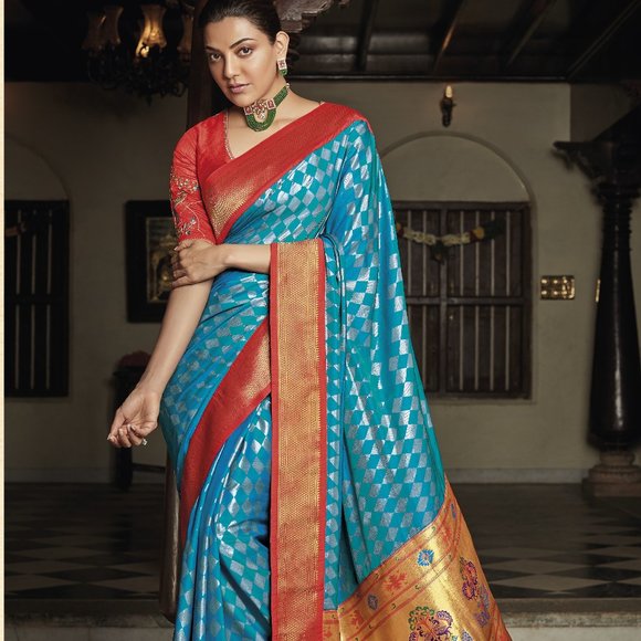 JHEAPS RAMAR BLUE ZARI WOVEN PAITHANI SILK SAREE WITH DESIGNER BLOUSE - Picture 3 of 4